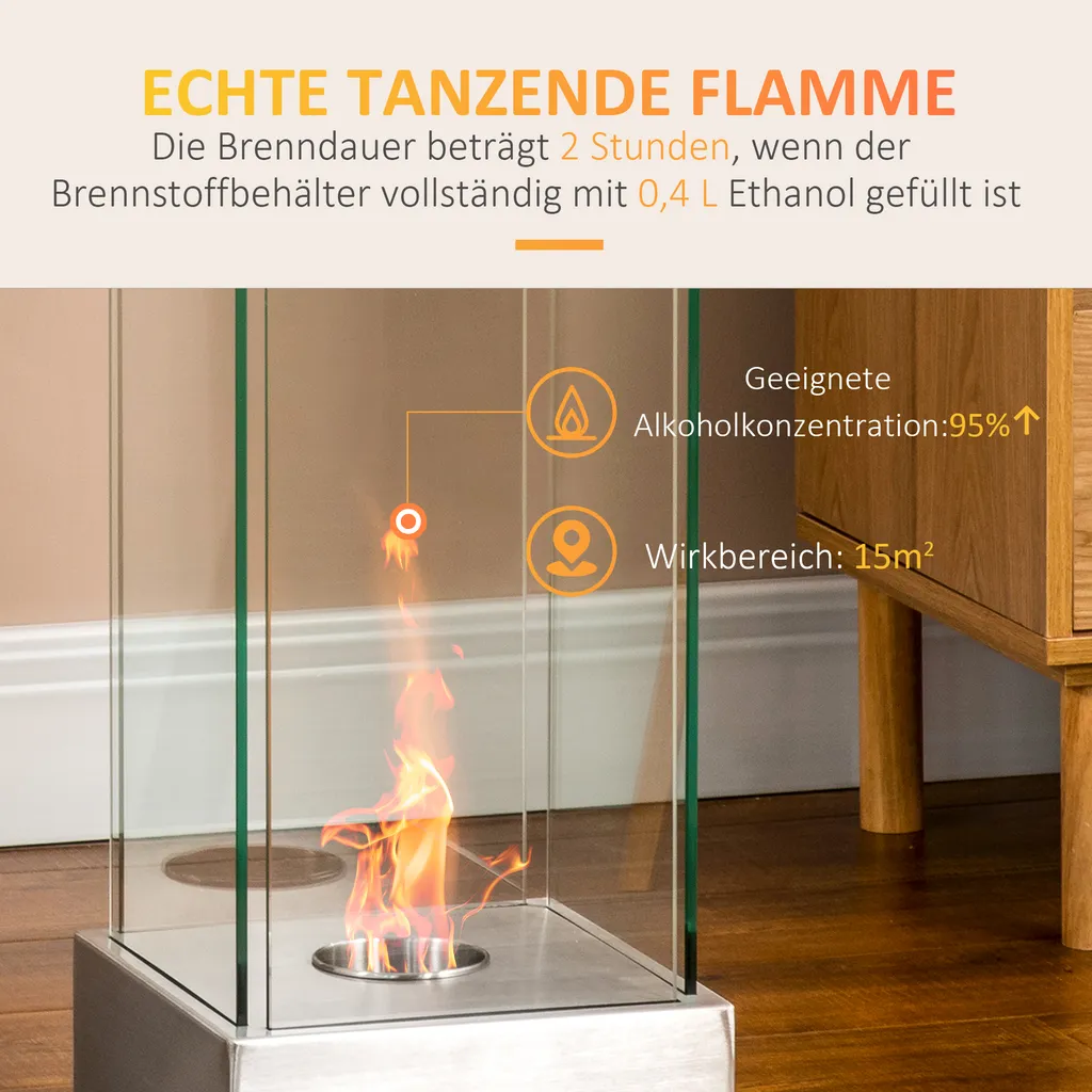 HOMCOM Ethanol-Kamin FeuerschaleEthanol-Brenner 0,4L 2 Std. Brenndauer 15m² Mit Feuerlöschdeckel Edelstahl Hartglas Silber 25 X 25 X 60 Cm 4 HOMCOM Ethanol-Kamin FeuerschaleEthanol-Brenner 0,4L 2 Std. Brenndauer 15m² Mit Feuerlöschdeckel Edelstahl Hartglas Silber 25 X 25 X 60 Cm – Bild 4