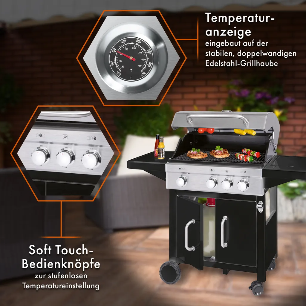 ProfiCook® Gasgrill 3 Brenner + 1 Seitenbrenner, Gas Grill Inkl. Gusseisen-Roste, Gasdruckminderer Und Schlauch, Für 5kg Gasflasche, Gasgrill Mit Kochplatte Und Temperaturanzeige , PC GG 1219 6 ProfiCook® Gasgrill 3 Brenner + 1 Seitenbrenner, Gas Grill Inkl. Gusseisen-Roste, Gasdruckminderer Und Schlauch, Für 5kg Gasflasche, Gasgrill Mit Kochplatte Und Temperaturanzeige , PC GG 1219 – Bild 6