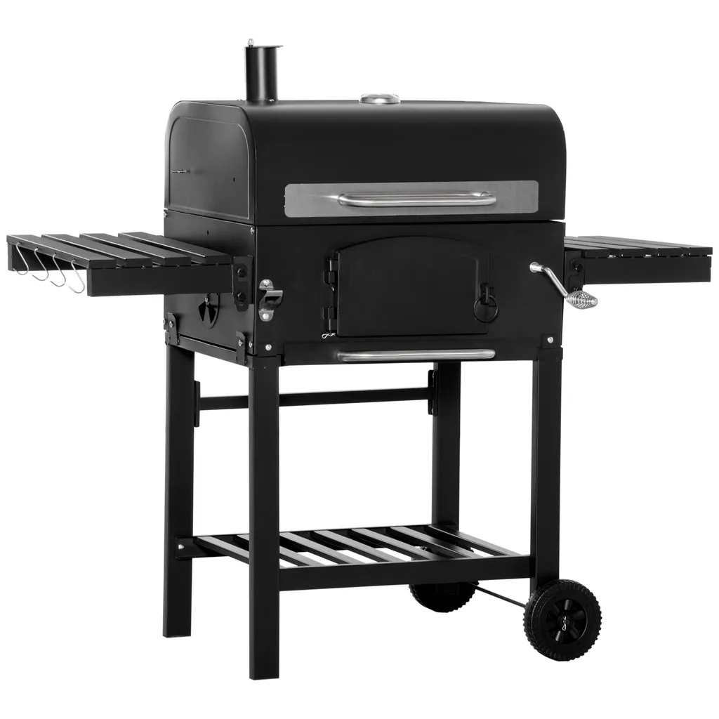HOMCOM Outsunny Holzkohlegrill BBQ Gartengrill Mit Deckel Und Ablagen Metall Smoker BBQ Warmhalteplatte Regale Gartenparty Transportrollen Schwarz 124 X 66 X 112 Cm 1 HOMCOM Outsunny Holzkohlegrill BBQ Gartengrill Mit Deckel Und Ablagen Metall Smoker BBQ Warmhalteplatte Regale Gartenparty Transportrollen Schwarz 124 X 66 X 112 Cm