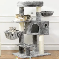 Pecute Kratzbaum Mit Extra Dicke Stämme, Katzenbaum 120cm Mit Große Aussichtsplattform, Verstellbar Grundplatte, Liegemulde (Hellgrau+Weiß Sisalstämme)