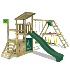 Wickey FATMOOSE Spielturm Klettergerüst FruityForest Mit Schaukel Surfswing & Rutsche, Kletterturm Mit Sandkasten, Leiter & Spiel-Zubehör – Grün