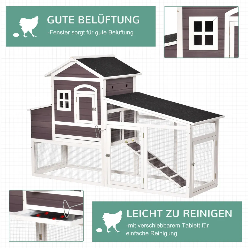 PawHut Zwerghühnerstall Mit Auslauf Nistkasten Zwerghühnerhaus Mit Stange Massivholz Dunkelrot 200 X 73,5 X 130 Cm 6 PawHut Zwerghühnerstall Mit Auslauf Nistkasten Zwerghühnerhaus Mit Stange Massivholz Dunkelrot 200 X 73,5 X 130 Cm – Bild 6