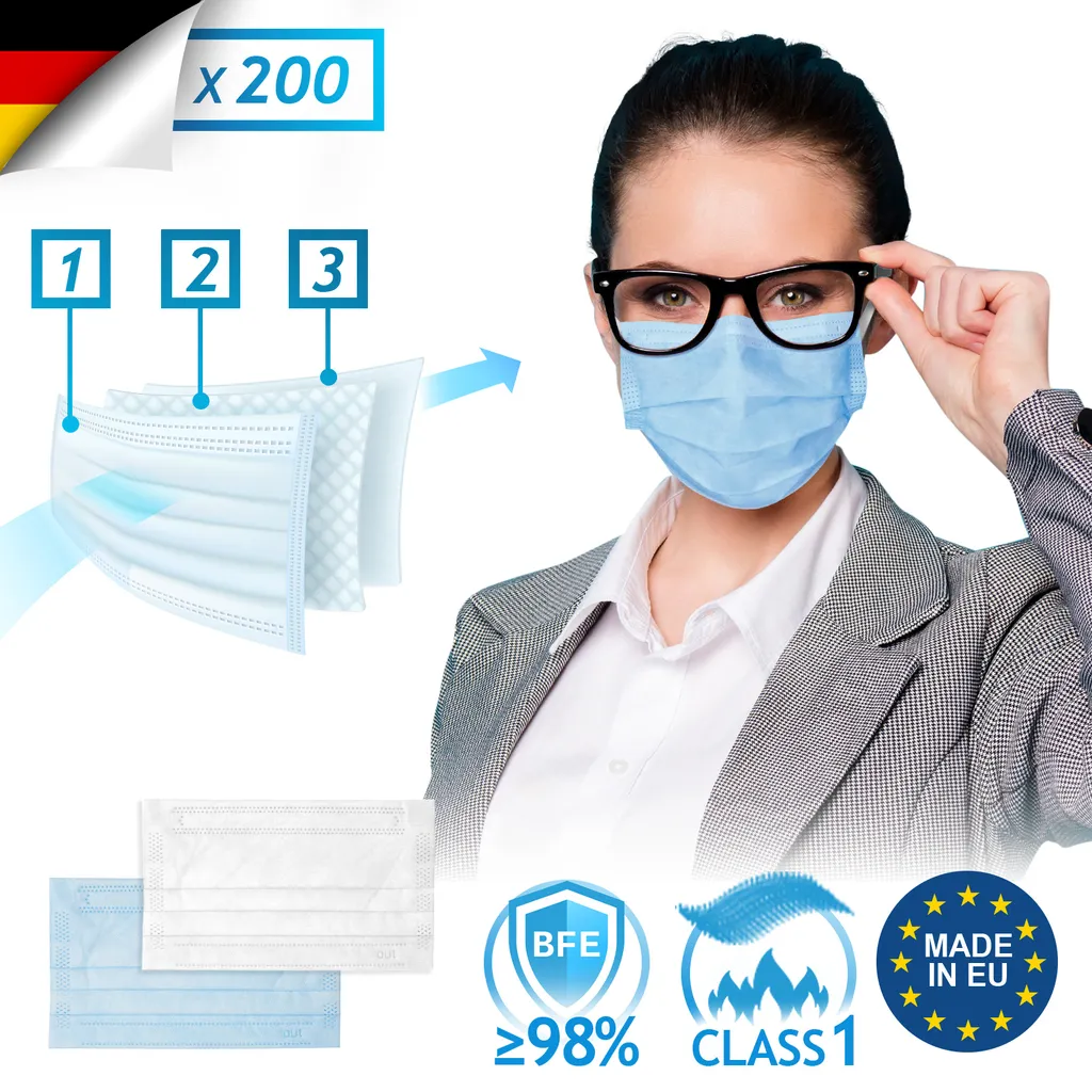 Virshields® Medizinischer Mundschutz - Typ IIR, BFE ≥ 98%, DIN EN 14683, EU, 200 Stück, 3-lagig, Antibeschlag, Blau - OP Masken, Mund Und Nasenschutz, Einweg Gesichtsmaske, Einwegmasken 1 Virshields® Medizinischer Mundschutz - Typ IIR, BFE ≥ 98%, DIN EN 14683, EU, 200 Stück, 3-lagig, Antibeschlag, Blau - OP Masken, Mund Und Nasenschutz, Einweg Gesichtsmaske, Einwegmasken