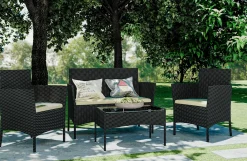 Hamlody Rattan Gartenmöbel Set, Polyrattan Lounge Gartenmöbel Set Mit Sofa, Lounge Sessel, Tisch Und Hockern, 2 * Sessel + 1 * Doppelsitz-Sofa + 1 * Tisch + 3 * Kissen, Schwarz