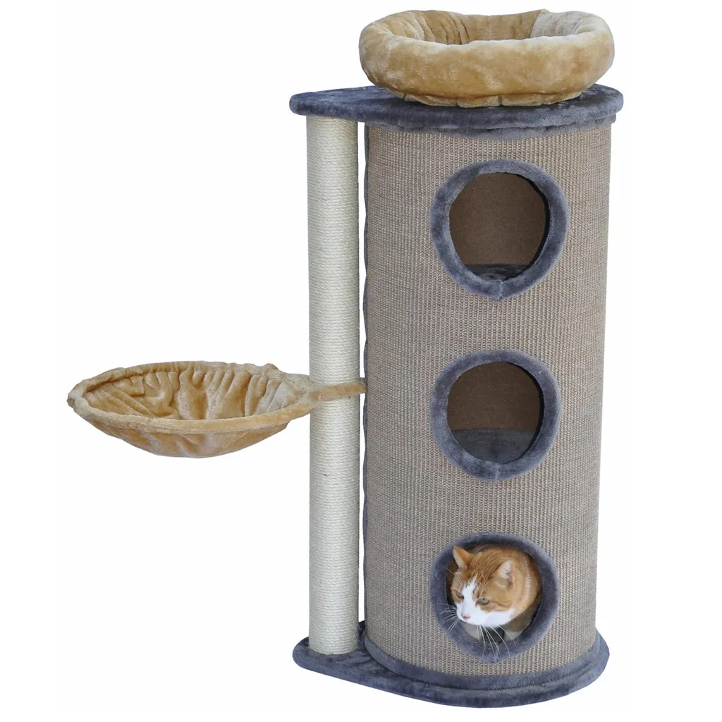 Nanook Kratztonne Grau / Beige - Liegemulde - Abnehmbares Katzenbett - 2 Kratzstämme 1 Nanook Kratztonne Grau / Beige - Liegemulde - Abnehmbares Katzenbett - 2 Kratzstämme