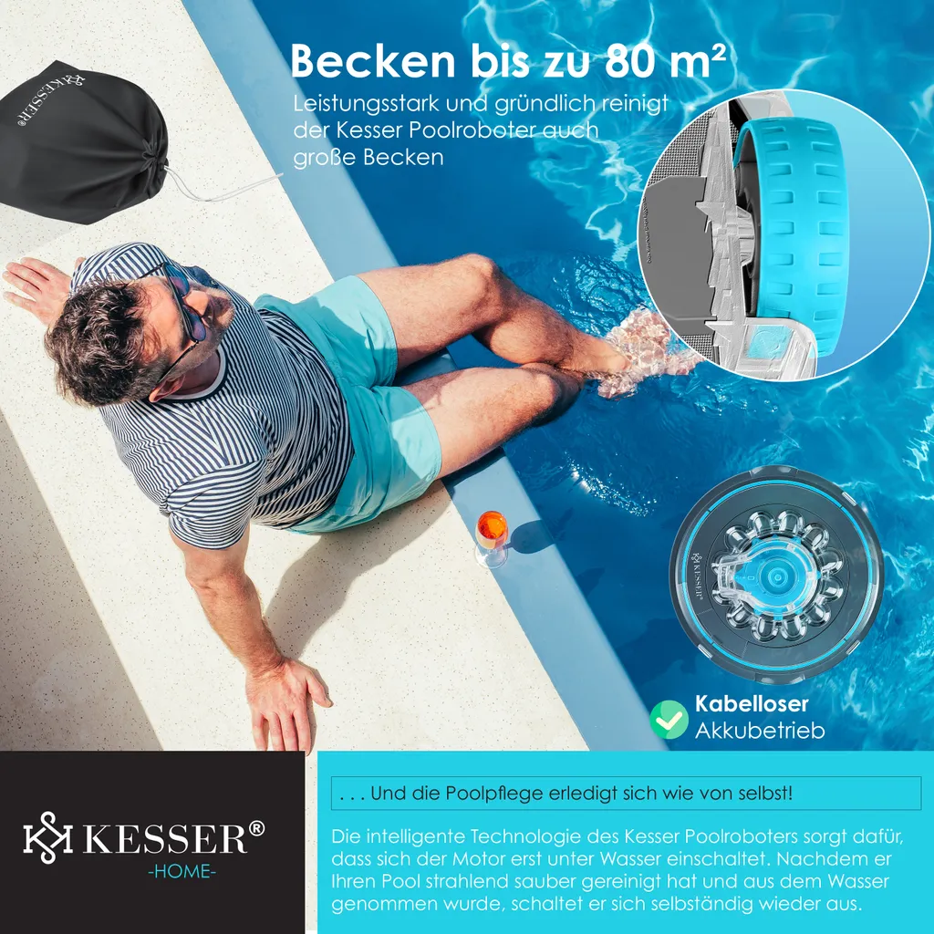 KESSER® Poolroboter Poolreiniger Akku Aqua-9000 Inkl. Transporttasche Pool Roboter Für Bis 80m² Pools, Li-Ion Akku Max. 75 Min, Kabellos Poolsauger Bodenreinigung Vollautomatisch Bodensauger, Farbe:Anthrazit 4 KESSER® Poolroboter Poolreiniger Akku Aqua-9000 Inkl. Transporttasche Pool Roboter Für Bis 80m² Pools, Li-Ion Akku Max. 75 Min, Kabellos Poolsauger Bodenreinigung Vollautomatisch Bodensauger, Farbe:Anthrazit – Bild 4
