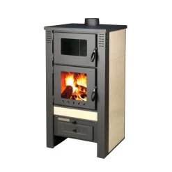 ProTermo Taurus Beige Kaminofen Mit Backfach – 12kW Heizleistung - Holzofen Mit Schamottstein Energieeffizienzklasse A 52 X 50 X 107cm 2 Sichtfenster