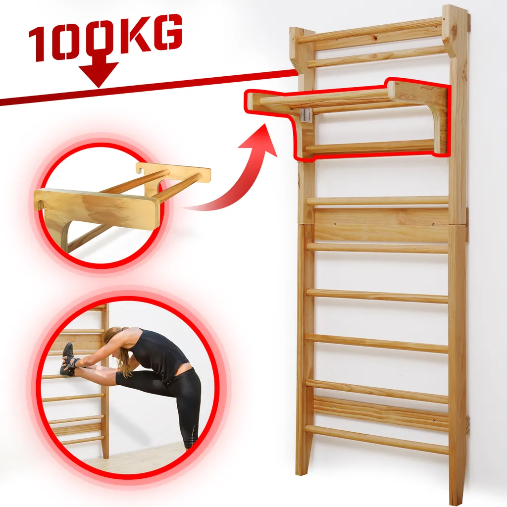 Physionics® Abnehmbare Klimmzugstange Für Sprossenwand - Belastbar Bis 100 Kg, 3 Sprossen, 73 X 45 X 27 Cm, Aus Holz, Höhenverstellbar - Klimmzugbügel, Reckstange, Einhängebügel, Turnwand 4 Physionics® Abnehmbare Klimmzugstange Für Sprossenwand - Belastbar Bis 100 Kg, 3 Sprossen, 73 X 45 X 27 Cm, Aus Holz, Höhenverstellbar - Klimmzugbügel, Reckstange, Einhängebügel, Turnwand – Bild 4
