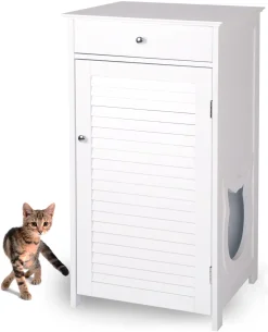 WONDERMAKE Katzenschrank Für Katzentoilette Groß Hoch Aus Holz, Katzenklo-Schrank Katzen-Kommode Mit Schublade Und Tür Geschlossen, Design Katzen-Haus Toilette Klo XL, 51 X 46 X 96 Cm, Weiß