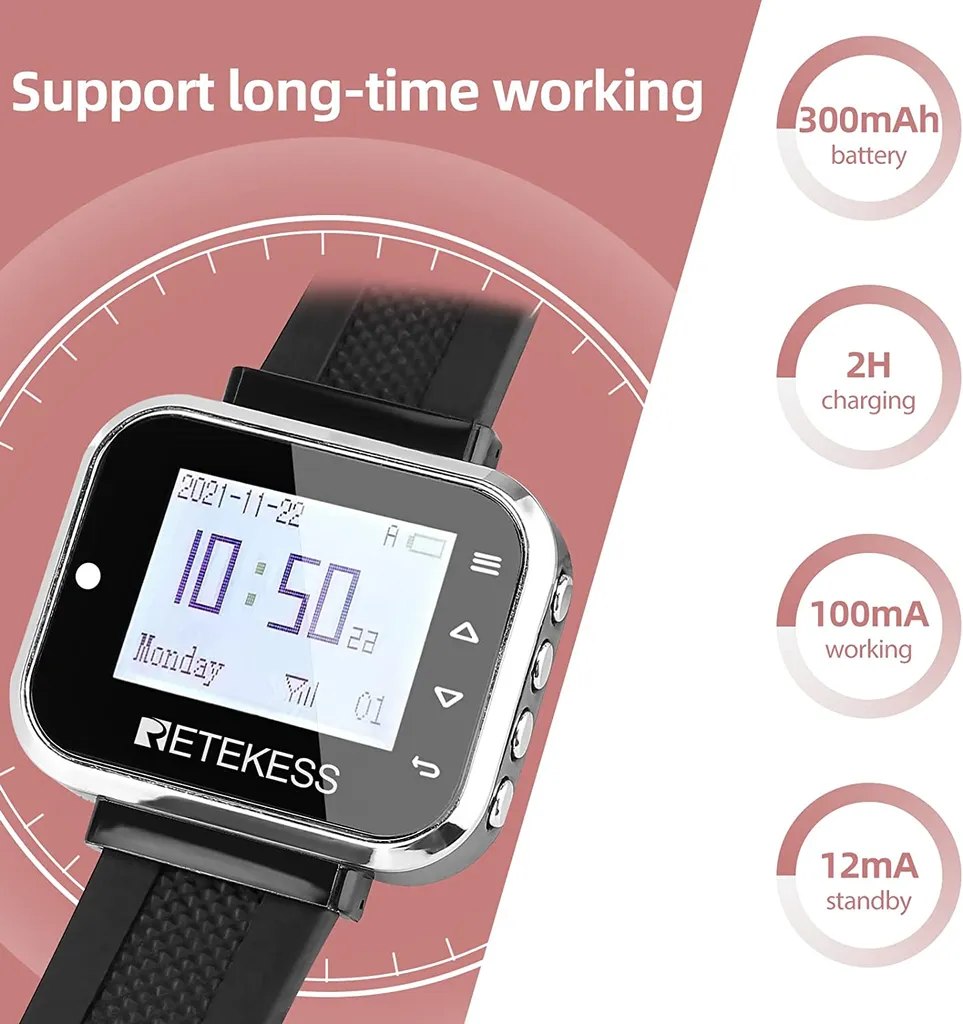 Retekess TD110 Restaurant Pagers, Uhrenempfänger, 8 Sprachen, 300 MAh Eingebauter Akku, 72 Stunden Standby-Zeit, Für Restaurant, Bar 3 Retekess TD110 Restaurant Pagers, Uhrenempfänger, 8 Sprachen, 300 MAh Eingebauter Akku, 72 Stunden Standby-Zeit, Für Restaurant, Bar – Bild 3