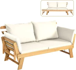 COSTWAY Liegesofa Mit Klappbaren Seitenlehnen, Sonnenliege Sitzbank Akazienholz Mit Auflage, Gartenbank Für Garten Terrasse Innenbereich (Weiß)