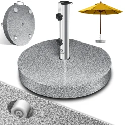 KESSER® Granit Sonnenschirmständer Mit Edelstahlrohr, Hochwertiger Schirmständer Sockel 25KG - Für Schirmstöcke Bis 16-48 Mm, Inkl. Transport Griff Garten Balkonschirmständer, Farbe:Grau, Größe:Rund