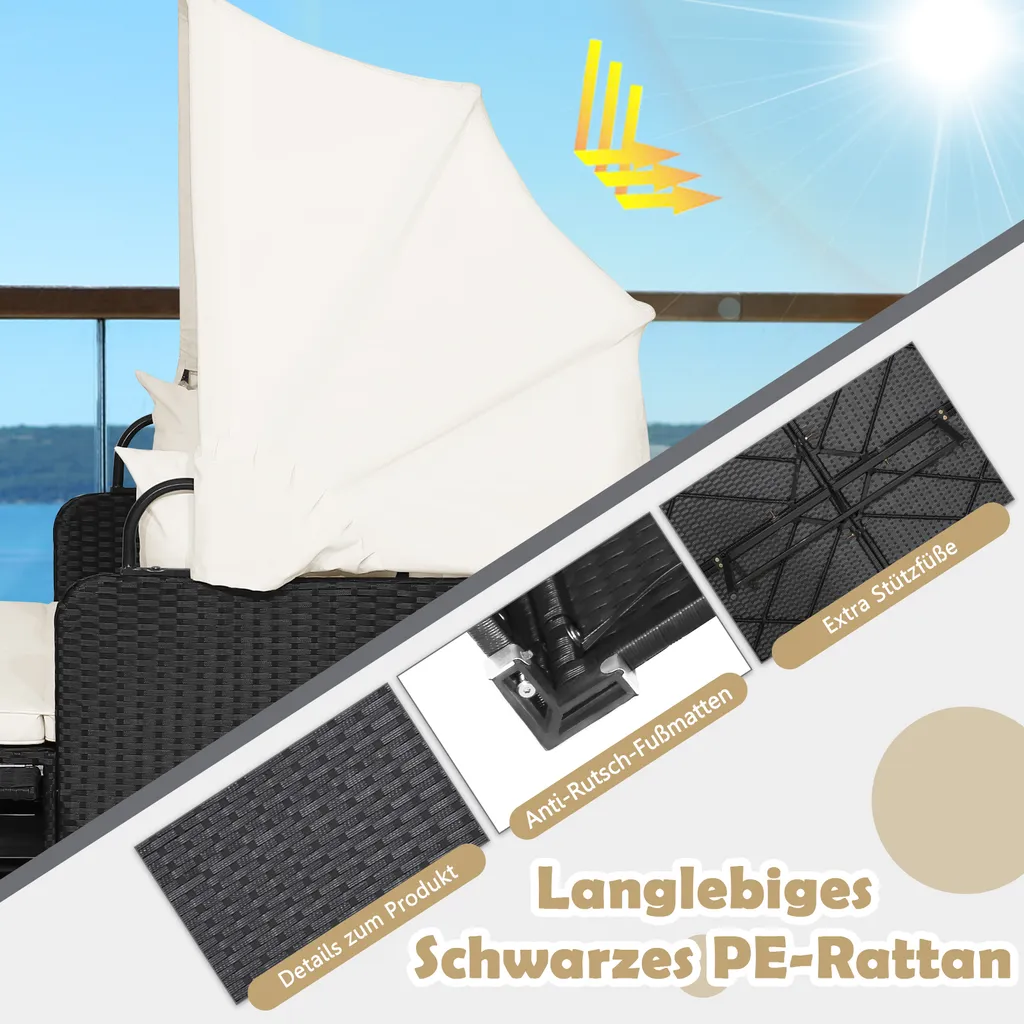 COSTWAY Rattan Sonnenliege Mit Einziehbarem Baldachin, 2-Personen Gartenliege Mit Klappbaren Tablett & Sitzkissen & Rückenkissen, Gartenlounge Terrassenmöbel Für Garten, Hinterhof 5 COSTWAY Rattan Sonnenliege Mit Einziehbarem Baldachin, 2-Personen Gartenliege Mit Klappbaren Tablett & Sitzkissen & Rückenkissen, Gartenlounge Terrassenmöbel Für Garten, Hinterhof – Bild 5