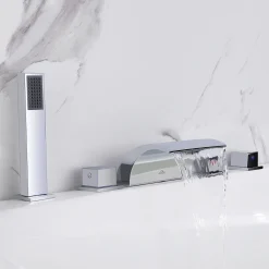 Auralum Badewannenarmatur 5-Loch Armatur Für Badewanne Wasserhahn Wasserfall Wannenbatterie Für Den Wannenrand, Chrom