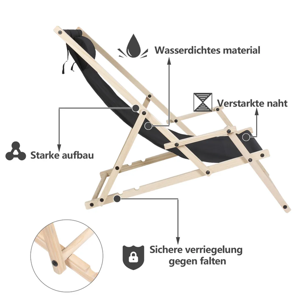 Lospitch Liegestuhl Gartenliegen Strandliege Mit Handläufen Holz Campingstuhl Klappbar Liege 120kg Klappliege Schwarz 2 Lospitch Liegestuhl Gartenliegen Strandliege Mit Handläufen Holz Campingstuhl Klappbar Liege 120kg Klappliege Schwarz – Bild 2