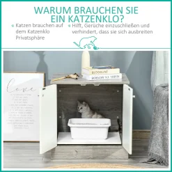 Pawhut Katzenschrank Für Katzentoilette Katzenklo Beistelltisch Katzenhaus Mit Türöffnung Nachttisch PB-Platte Graue Eiche+Weiß 60 X 55 X 62,5 Cm