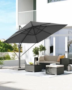 SONGMICS Sonnenschirm 290 X 290 Cm, UV-Schutz UPF 50+, Um 360° Drehbar, Mit Ständer, Befestigungsgurten Und Abdeckung, Rauchgrau GPU039G01