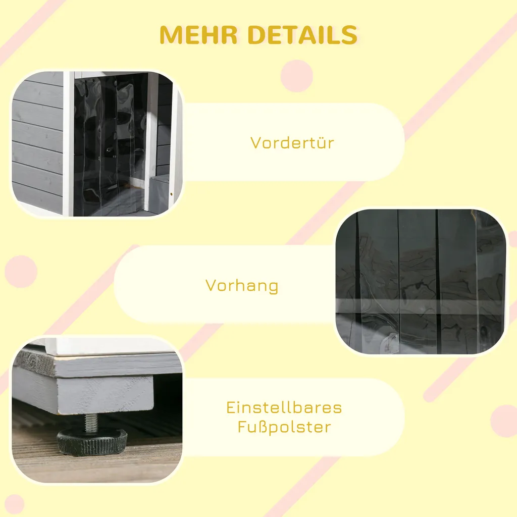 PawHut Hundehütte, Tannenholz, Hundehaus Mit 2 Schüsseln Und Terrasse, Kleintierhaus Für Kleine Hunde Mit Asphaltdach, Erhöhtes Design, Outdoor, Wetterbeständig, Grau, 103 X 62 X 60-66 Cm 9 PawHut Hundehütte, Tannenholz, Hundehaus Mit 2 Schüsseln Und Terrasse, Kleintierhaus Für Kleine Hunde Mit Asphaltdach, Erhöhtes Design, Outdoor, Wetterbeständig, Grau, 103 X 62 X 60-66 Cm – Bild 9