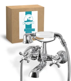 Calmwaters® Badewannenarmatur Retro Cross, Vintage-Wannenarmatur Mit Kreuzgriffen Und Handbrause, Wasserhahn Badewanne, Zweigriffmischer, Aufputzarmatur, Brauseabgang 1/2, Messing, Chrom, 13PZ2442