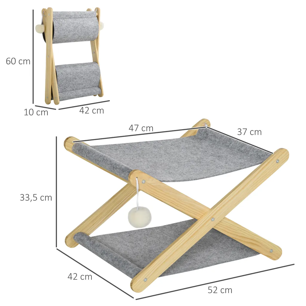 PawHut Katzenbett Mit Gestell 2 Ebenen Haustierbett Ballspielzeug Faltbar Hundebett Indoor Kiefernholz Natur+Grau 52 X 42 X 33,5 Cm 3 PawHut Katzenbett Mit Gestell 2 Ebenen Haustierbett Ballspielzeug Faltbar Hundebett Indoor Kiefernholz Natur+Grau 52 X 42 X 33,5 Cm – Bild 3