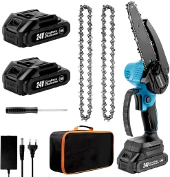 Eventio GmbH Mini Akku Kettensäge 6 Zoll 24V Elektro Kettensäge Mit 2 Akkus Und 2 Ketten, Spritzschutz Und Sicherheitstaste