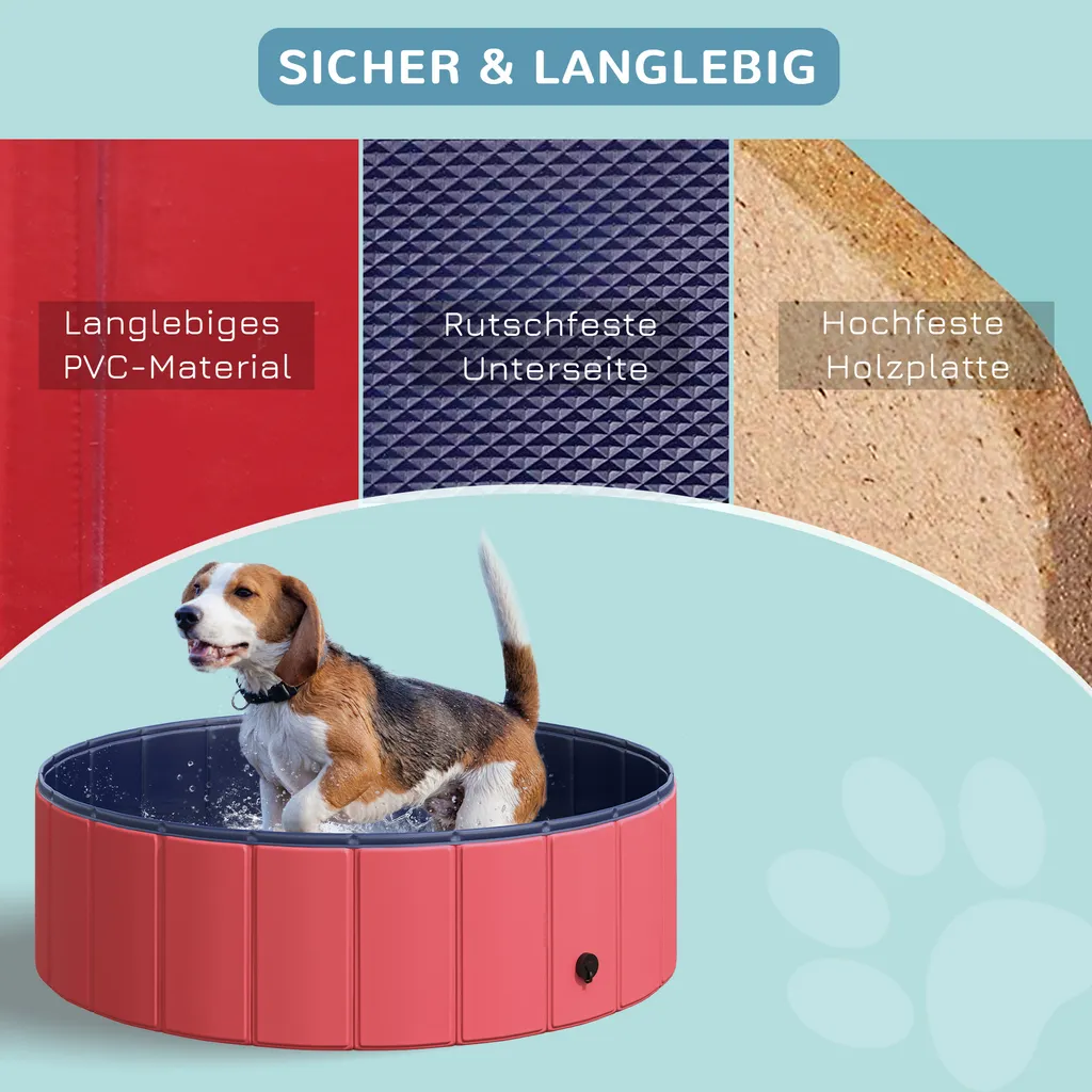 PawHut Hundepool Planschbecken Schwimmbecken Schwimmbad Hundebad, PVC+Holz Rot Φ100x30cm 6 PawHut Hundepool Planschbecken Schwimmbecken Schwimmbad Hundebad, PVC+Holz Rot Φ100x30cm – Bild 6