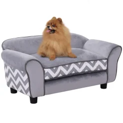PawHut Hundesofa, Haustiersofa Mit Erhöhten Füßen, Hundecouch, Hundeliege Mit Kissen, Hundebett, Katzensofa, Waschbar, Samt, Grau, 73,5 X 41 X 33 Cm