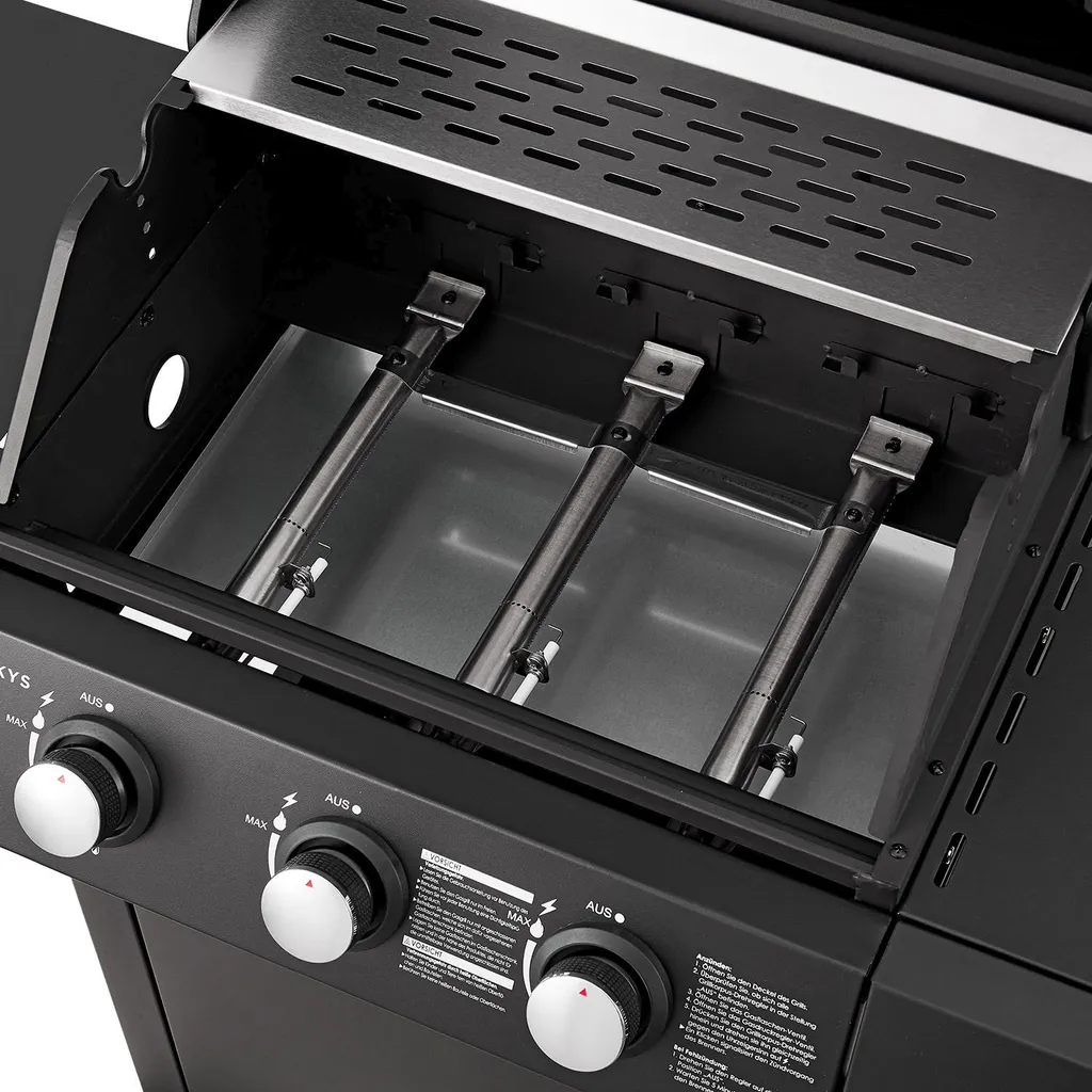 Juskys BBQ Gasgrill Louisiana 8,1 KW Mit 3 Brenner, Grillrost, Deckel Mit Thermometer, Warmhalterost & Seitenablagen – Grillwagen Mit Stahl Korpus 19 Juskys BBQ Gasgrill Louisiana 8,1 KW Mit 3 Brenner, Grillrost, Deckel Mit Thermometer, Warmhalterost & Seitenablagen – Grillwagen Mit Stahl Korpus – Bild 19