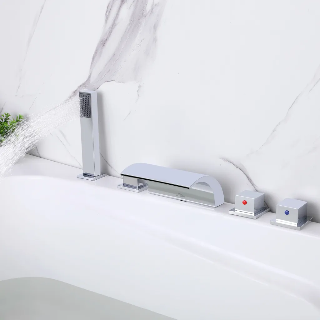 Auralum Badewannenarmatur 5-Loch Armatur Für Badewanne Wasserhahn Wasserfall Wannenbatterie Für Den Wannenrand, Chrom 2 Auralum Badewannenarmatur 5-Loch Armatur Für Badewanne Wasserhahn Wasserfall Wannenbatterie Für Den Wannenrand, Chrom – Bild 2