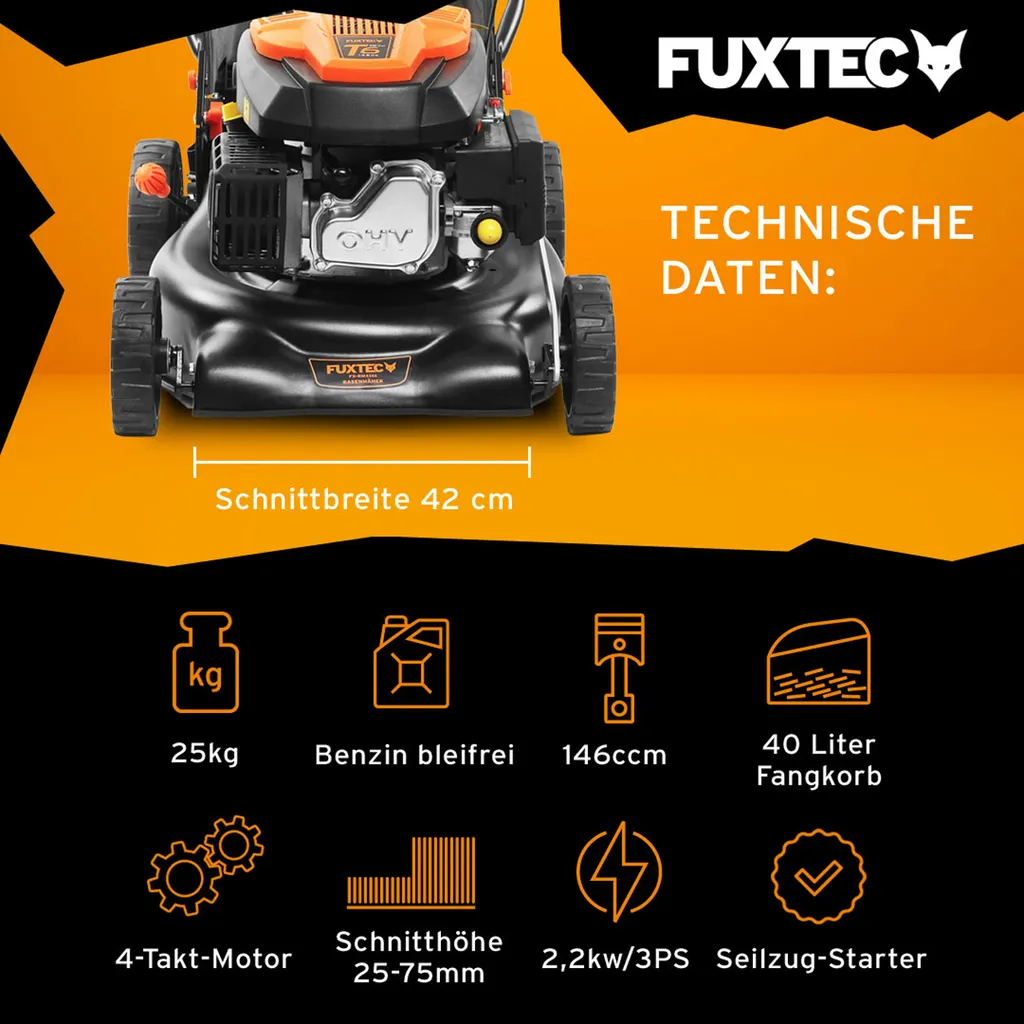 FUXTEC Benzin Rasenmäher | 3,5PS Motormäher | Benzinmäher Mit 40L Fangkorb-Volumen | 430mm | 146ccm | 25kg | Bis 400m² | FX-RM4346ECO 10 FUXTEC Benzin Rasenmäher | 3,5PS Motormäher | Benzinmäher Mit 40L Fangkorb-Volumen | 430mm | 146ccm | 25kg | Bis 400m² | FX-RM4346ECO – Bild 10