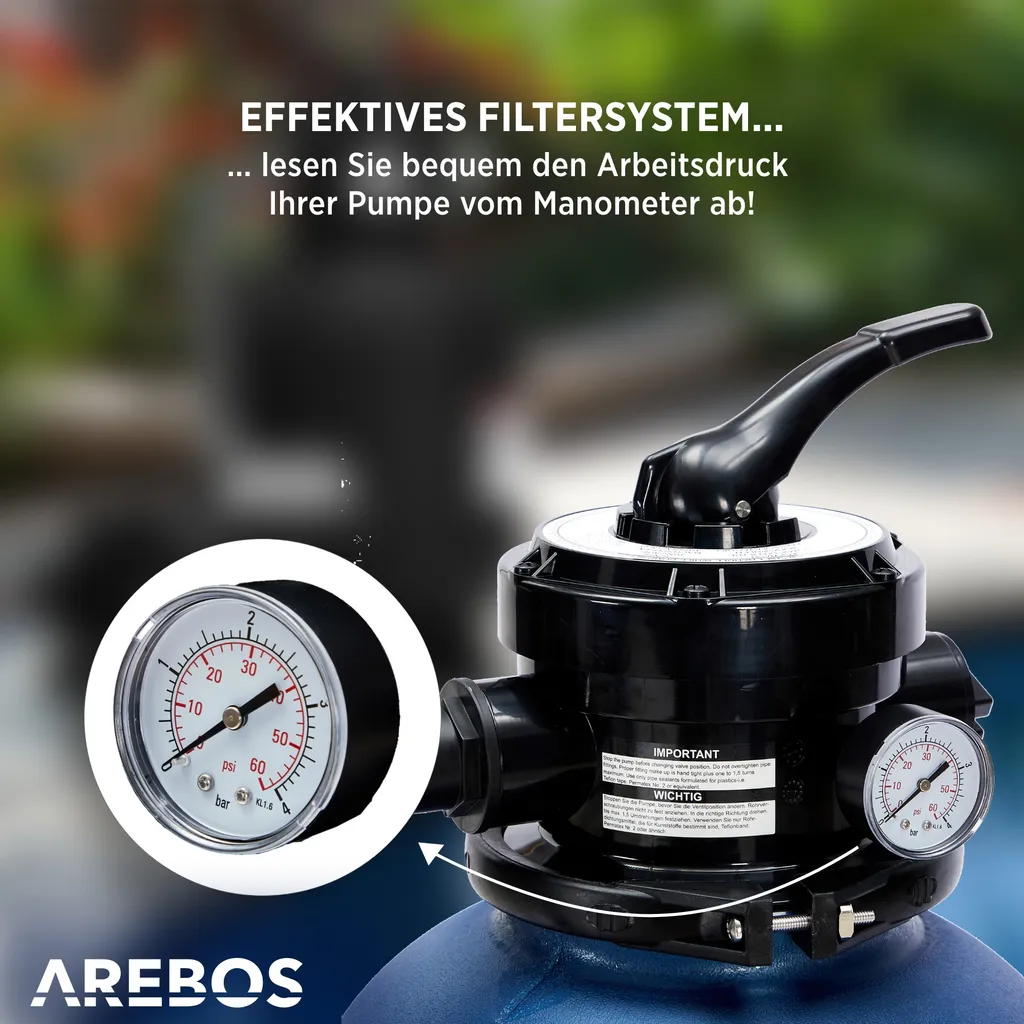 AREBOS Sandfilteranlage Mit Pumpe | 400W | 10.200 L/h | Tankvolumen Bis Zu 20 Kg Sand | 7 - Wege Ventil Mit Griff | Mit Druckmanometer | Inkl. 1400g Filterbälle | Inkl. 2m Schlauch | Blau 5 AREBOS Sandfilteranlage Mit Pumpe | 400W | 10.200 L/h | Tankvolumen Bis Zu 20 Kg Sand | 7 - Wege Ventil Mit Griff | Mit Druckmanometer | Inkl. 1400g Filterbälle | Inkl. 2m Schlauch | Blau – Bild 5