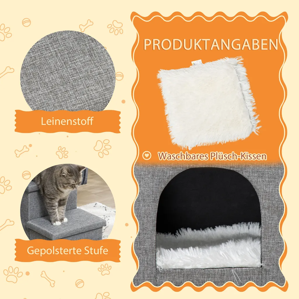 PawHut Hundetreppe, 3 Stufige Katzentreppe Mit Höhle, Haustiertreppe Mit Stauraum, Kissen, 3-in-1 Haustierrampe, Bis 10 Kg Belastbar, Für Sofa, Bett, Leinen, Hellgrau 6 PawHut Hundetreppe, 3 Stufige Katzentreppe Mit Höhle, Haustiertreppe Mit Stauraum, Kissen, 3-in-1 Haustierrampe, Bis 10 Kg Belastbar, Für Sofa, Bett, Leinen, Hellgrau – Bild 6