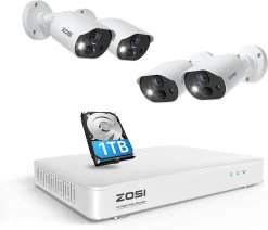 ZOSI C303 Außen Überwachungskamera Set Mit Audio, 8CH 1TB DVR Mit 4x 1080P Kamera PIR Menschen Erkennung, Ton- Und Lichtalarm
