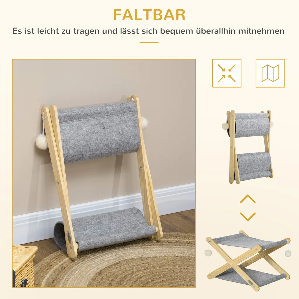 PawHut Katzenbett Mit Gestell 2 Ebenen Haustierbett Ballspielzeug Faltbar Hundebett Indoor Kiefernholz Natur+Grau 52 X 42 X 33,5 Cm 4 PawHut Katzenbett Mit Gestell 2 Ebenen Haustierbett Ballspielzeug Faltbar Hundebett Indoor Kiefernholz Natur+Grau 52 X 42 X 33,5 Cm – Bild 4