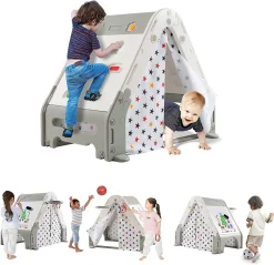 COSTWAY 5 In 1 Kletterdreieck Spielzelt, Kinderspielzelt Mit Kletterwand, Tafel Zum Malen, Basketballkorb, Fußballtor Und Ringen, Indoor Klettergerüst Spielzeug, Multifunktionales Kletterspielzeug