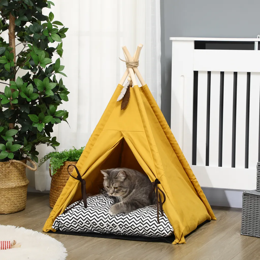 PawHut Tipi-Zelt Für Haustiere, Tierbett Im Tipi-Design, Katzenzelt Mit Kissen, Katzenhaus Mit Rutschfestem Boden Spielball, Hundebett Zum Schlafen, Katzenbett, Kiefernholz, Indoor, Gelb 2 PawHut Tipi-Zelt Für Haustiere, Tierbett Im Tipi-Design, Katzenzelt Mit Kissen, Katzenhaus Mit Rutschfestem Boden Spielball, Hundebett Zum Schlafen, Katzenbett, Kiefernholz, Indoor, Gelb – Bild 2