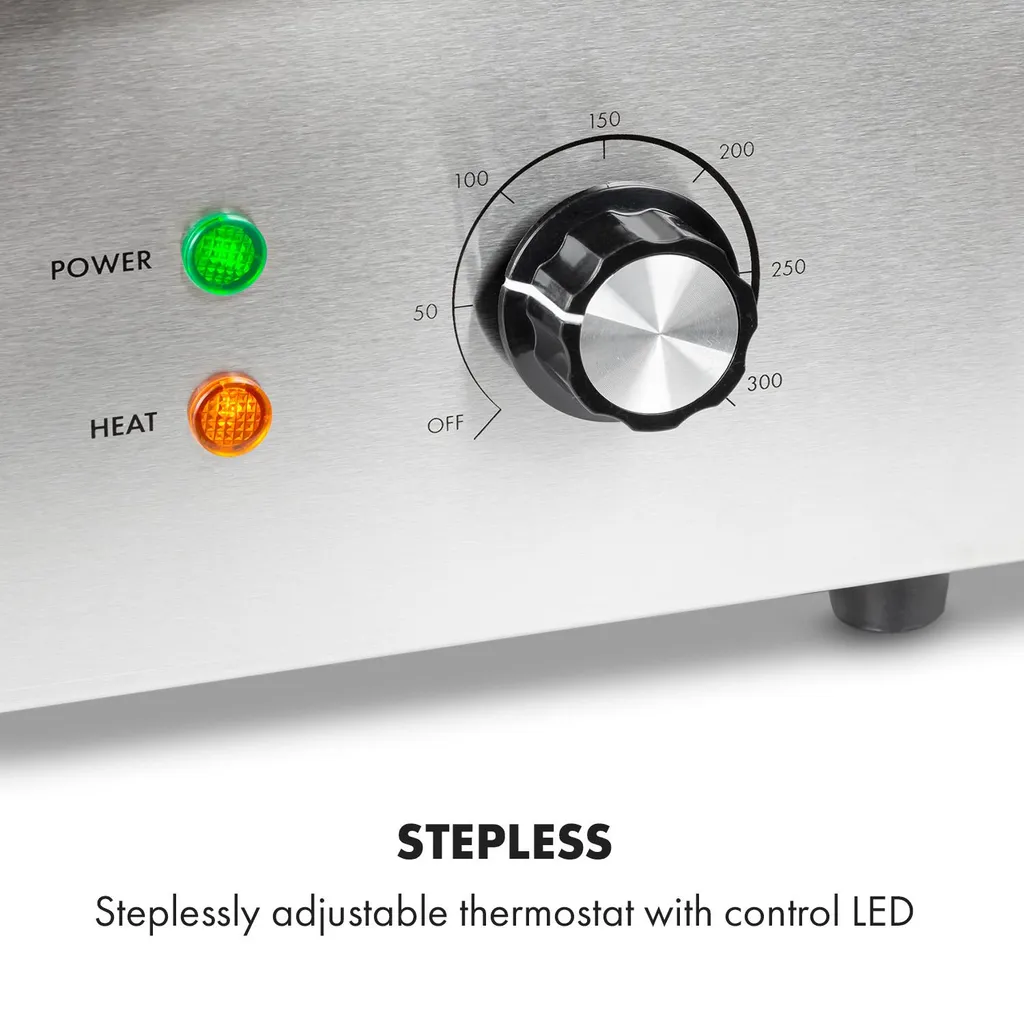 Klarstein Grillmeile 3000R Pro Gusseisen Grillplatte Elektrisch, Grillfläche: 54,5 X 35 Cm (geriffelt), Stufenlos 50-300 °C, 3000 Watt, Profi Elektrogrill Mit Spritzschutz, Edelstahl 3 Klarstein Grillmeile 3000R Pro Gusseisen Grillplatte Elektrisch, Grillfläche: 54,5 X 35 Cm (geriffelt), Stufenlos 50-300 °C, 3000 Watt, Profi Elektrogrill Mit Spritzschutz, Edelstahl – Bild 3