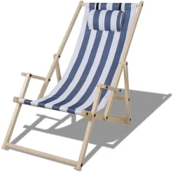 Wolketon Gartenliege Klappbar Holz Liegestuhl Mit Armlehnen Und Kopfkissen Abnehmbarem Strandliege Fuer Den Garten, Terrasse Und Balkon 120 Kg Max.(Blau-Weiss-gestreift)