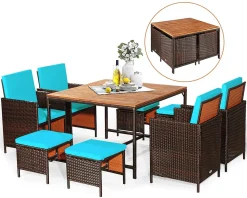 COSTWAY 9 TLG. Polyrattan Set Rattanmöbel, Garten Esssitzgruppe Aus Tisch, Sessel Und Ottomane, Garten Sitzgruppe Mit Kissen, Gartenmöbel Platzsparend