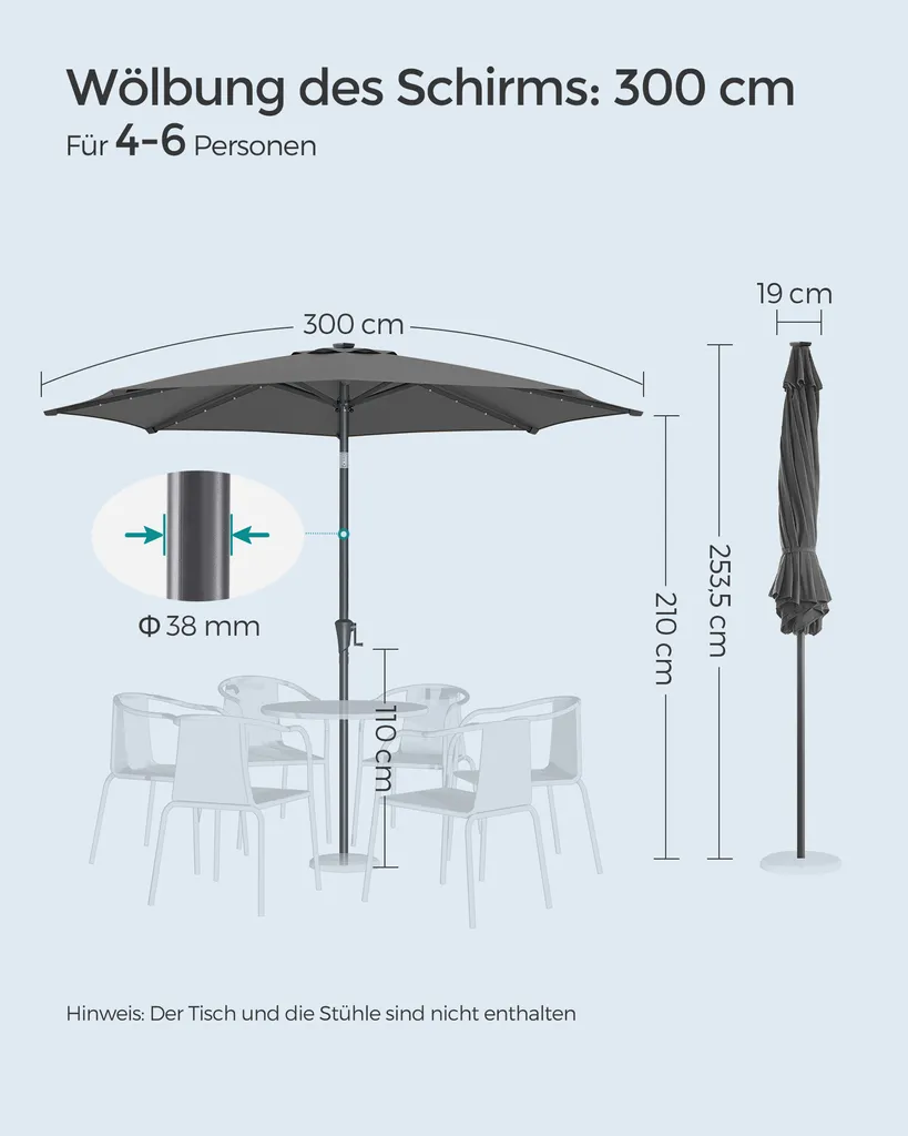 SONGMICS Sonnenschirm 300 Cm Mit LED-Solar-Beleuchtung, 32 LED-Lämpchen, UV-Schutz UPF 50+, Beidseitig Um 30° Knickbar, Ohne Ständer, Grau GPU33GY 7 SONGMICS Sonnenschirm 300 Cm Mit LED-Solar-Beleuchtung, 32 LED-Lämpchen, UV-Schutz UPF 50+, Beidseitig Um 30° Knickbar, Ohne Ständer, Grau GPU33GY – Bild 7