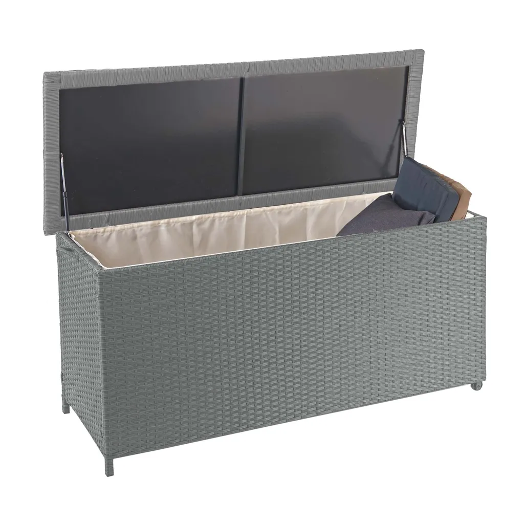 Mendler Poly-Rattan Kissenbox HWC-D88, Gartentruhe Auflagenbox Truhe Premium Grau, 63x135x52cm 320l 1 Mendler Poly-Rattan Kissenbox HWC-D88, Gartentruhe Auflagenbox Truhe Premium Grau, 63x135x52cm 320l