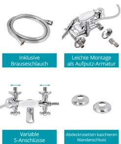 Calmwaters® Badewannenarmatur Retro Cross, Vintage-Wannenarmatur Mit Kreuzgriffen Und Handbrause, Wasserhahn Badewanne, Zweigriffmischer, Aufputzarmatur, Brauseabgang 1/2, Messing, Chrom, 13PZ2442 -Garten- & Gewächshäuser Geschäft a3807070975853bab1601211a8d299b3