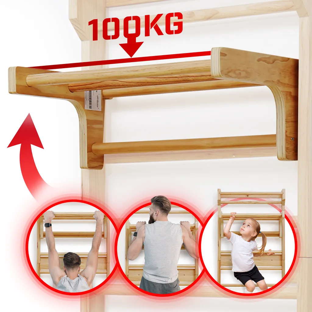 Physionics® Abnehmbare Klimmzugstange Für Sprossenwand - Belastbar Bis 100 Kg, 3 Sprossen, 73 X 45 X 27 Cm, Aus Holz, Höhenverstellbar - Klimmzugbügel, Reckstange, Einhängebügel, Turnwand 1 Physionics® Abnehmbare Klimmzugstange Für Sprossenwand - Belastbar Bis 100 Kg, 3 Sprossen, 73 X 45 X 27 Cm, Aus Holz, Höhenverstellbar - Klimmzugbügel, Reckstange, Einhängebügel, Turnwand