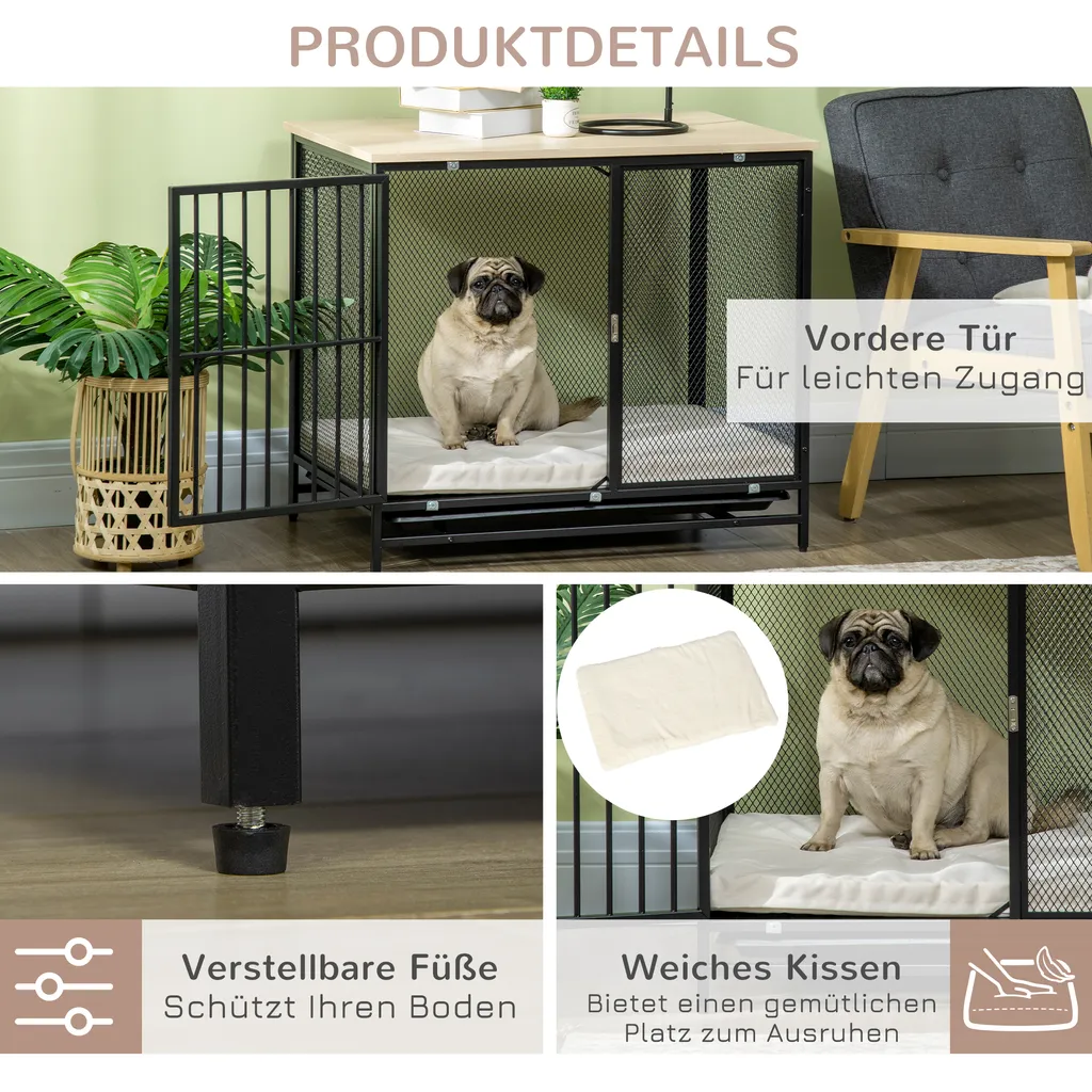 PawHut Hundekäfig, Hundehaus Mit Tischplatte, Haustierkäfig, Hundehütte Mit Kissen, Ausziehbarer Bodenwanne, Hundebox Für Mittelgroße Hunde, Tierkäfig, Indoor, Eiche+Schwarz, 80 X 55 X 71 Cm 7 PawHut Hundekäfig, Hundehaus Mit Tischplatte, Haustierkäfig, Hundehütte Mit Kissen, Ausziehbarer Bodenwanne, Hundebox Für Mittelgroße Hunde, Tierkäfig, Indoor, Eiche+Schwarz, 80 X 55 X 71 Cm – Bild 7
