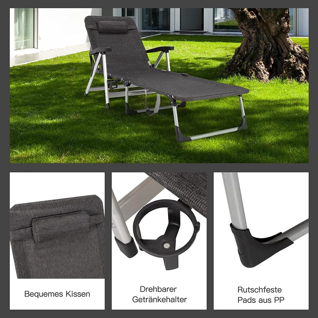 COSTWAY Sonnenliege Klappbar, Liegestuhl Mit 7 Einstellbaren Rücklehnpositionen, Gartenstuhl Relaxliege Mit Tassenhalter, Für Die Terrasse, Garten Und Am Pool (Grau) 4 COSTWAY Sonnenliege Klappbar, Liegestuhl Mit 7 Einstellbaren Rücklehnpositionen, Gartenstuhl Relaxliege Mit Tassenhalter, Für Die Terrasse, Garten Und Am Pool (Grau) – Bild 4