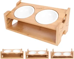 Pecute Futternapf Katze Mit Bambus Halter - Hundenäpfe Futterstation Set Keramiknapf Für Katzen Hunde - Keramik Fressnapf Set