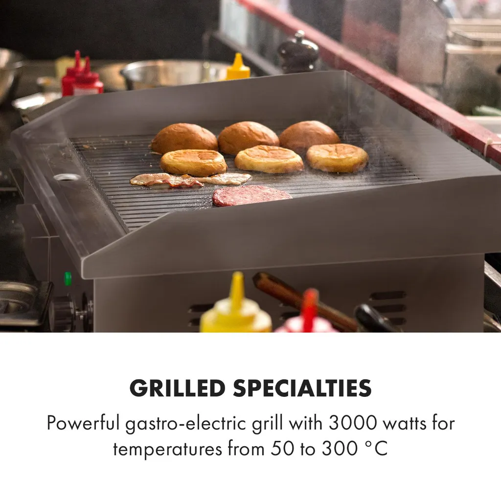 Klarstein Grillmeile 3000R Pro Gusseisen Grillplatte Elektrisch, Grillfläche: 54,5 X 35 Cm (geriffelt), Stufenlos 50-300 °C, 3000 Watt, Profi Elektrogrill Mit Spritzschutz, Edelstahl 2 Klarstein Grillmeile 3000R Pro Gusseisen Grillplatte Elektrisch, Grillfläche: 54,5 X 35 Cm (geriffelt), Stufenlos 50-300 °C, 3000 Watt, Profi Elektrogrill Mit Spritzschutz, Edelstahl – Bild 2