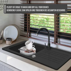 Aquamarin® Spülbecken - Granit, Set, Ca. 75,9 X 45,9 Cm, Mit Ablaufgarnitur, Schwarzem Wasserhahn, Umkehrbarer Abtropffläche, Rechteckig, Schwarz - Einbauspüle, Spüle, Verbundspüle, Küchenspüle -Garten- & Gewächshäuser Geschäft a5b153a3781515d833e0554b8aa5d035