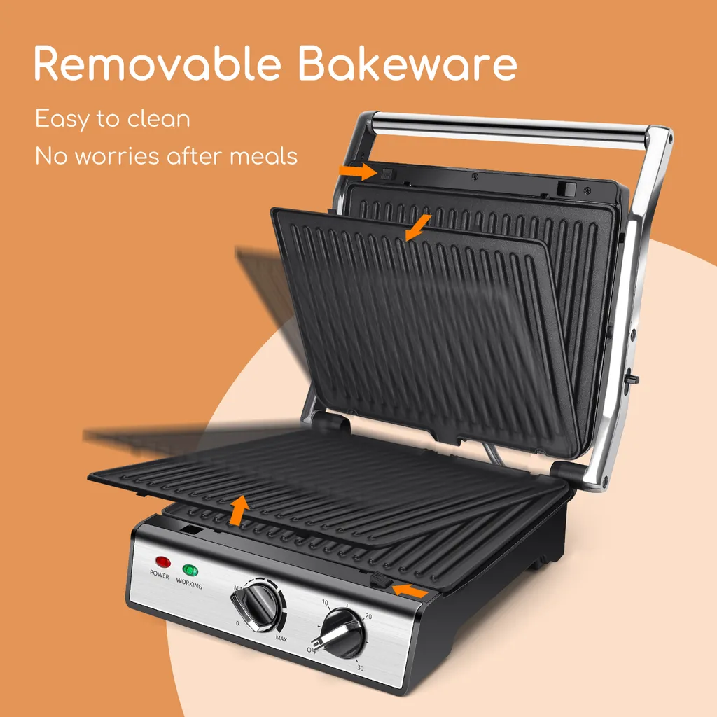 Aigostar Kontaktgrill, Sandwichmaker, 180° Aufklappbar Als Tischgrill, Panini Grill Mit Abnehmbaren Platten, Regelbarer Thermostat &Timer, Antihaftbeschichtet, 2000W 3 Aigostar Kontaktgrill, Sandwichmaker, 180° Aufklappbar Als Tischgrill, Panini Grill Mit Abnehmbaren Platten, Regelbarer Thermostat &Timer, Antihaftbeschichtet, 2000W – Bild 3