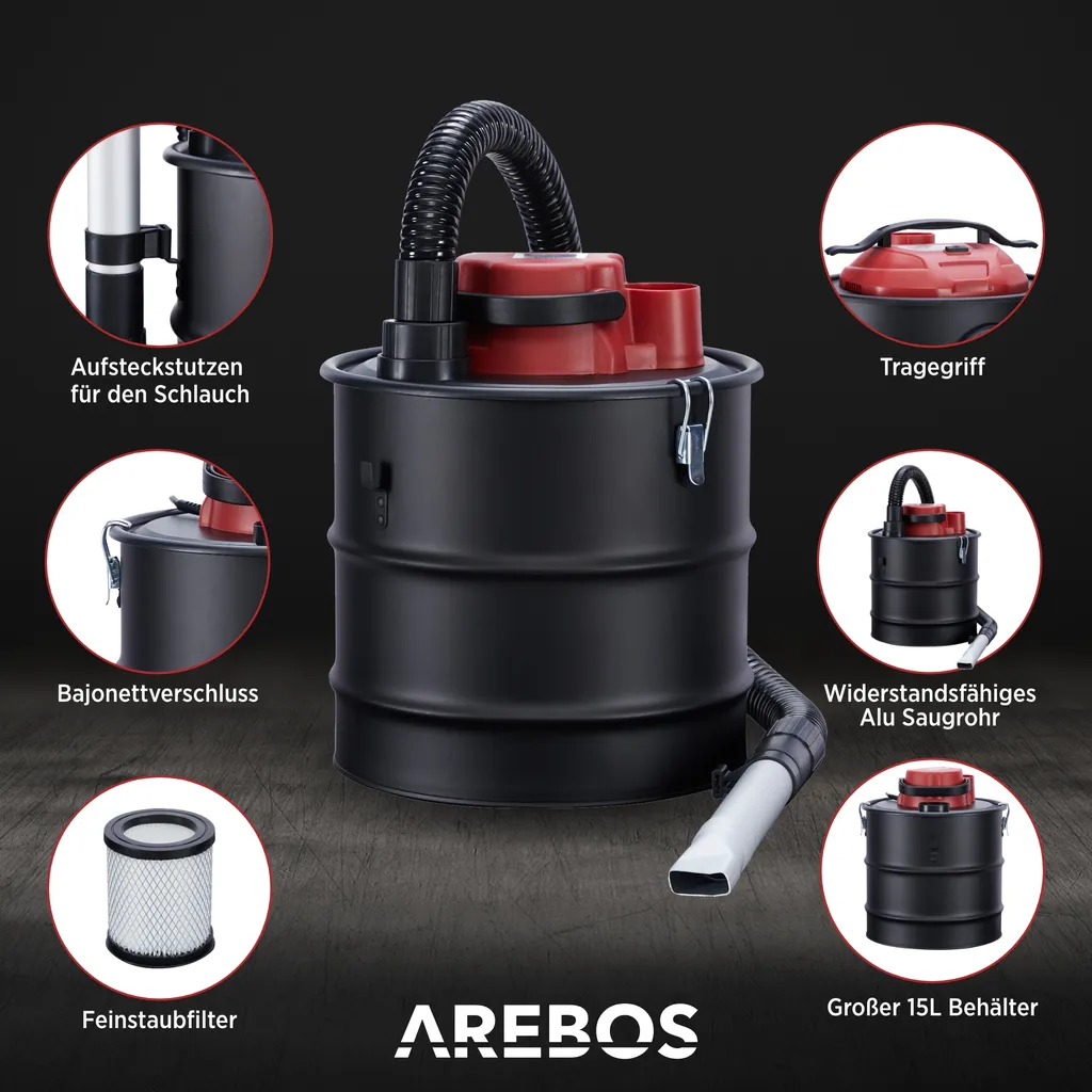 AREBOS Aschesauger, Kaminsauger 1200W, 20L, Mit 4 Rollen, Inkl. HEPA Filter, Saug- Und Blasfunktion 8 AREBOS Aschesauger, Kaminsauger 1200W, 20L, Mit 4 Rollen, Inkl. HEPA Filter, Saug- Und Blasfunktion – Bild 8